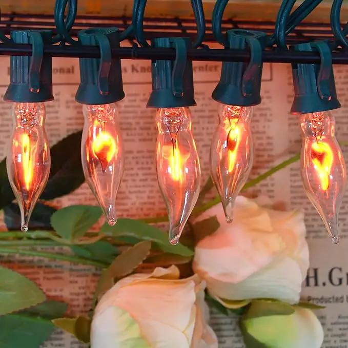 12.8Ft C7 Christmas Lights Flickering Flame String Lights with 12 Pack Clear Flame E12 Light Bulbs(2 Spare), Great for Christmas Decorations Indoor Outdoor Home Patio Party Lights, Green Wire by GreenHaven Gardens