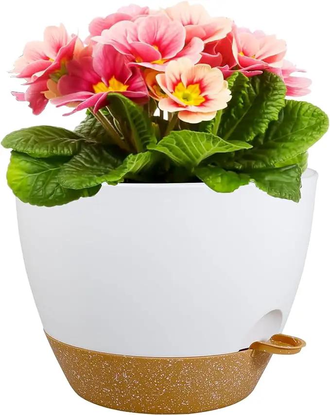 12 inch Large Self Watering Pots for Indoor Outdoor Plants, Plant Pots with Mesh Drainage Holes for Garden House Plants, Plastic Planters with Reservoir for Flower Plants, White with Brown by GreenHaven Gardens