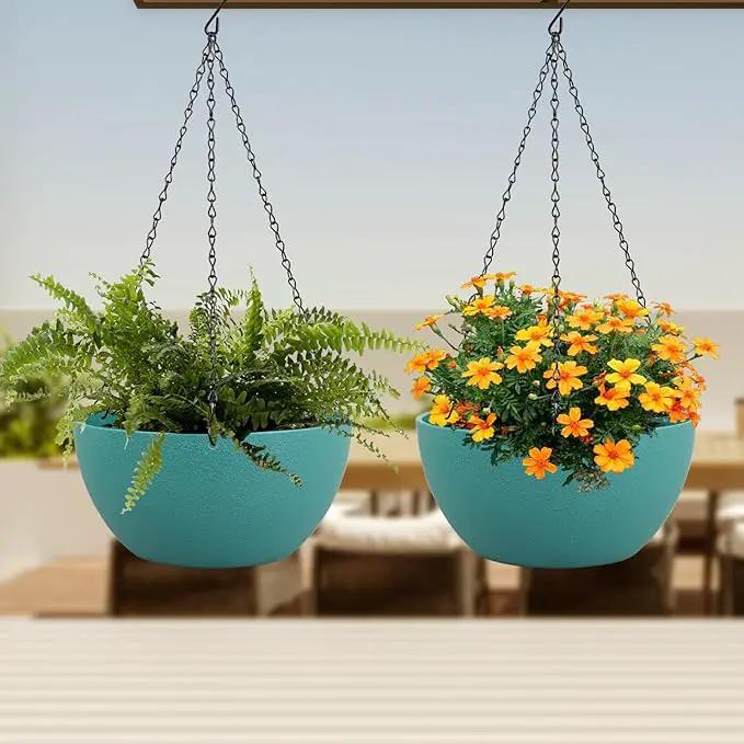 12 inch Large Hanging Planters for Indoor Outdoor Plants, 2 Pack Hanging Flower Plant Pots with Drainage Holes and Chain for Garden Porch, Plastic Hanging Baskets for House Plants, Blue Green by GreenHaven Gardens