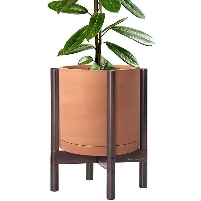 D'vine Dev Terracotta Planter with Walnut Color Stand - 12 Inch Modern Round Flower Pot with Wood Planter Holder, Terracotta, 55-B-W-5 by GreenHaven Gardens