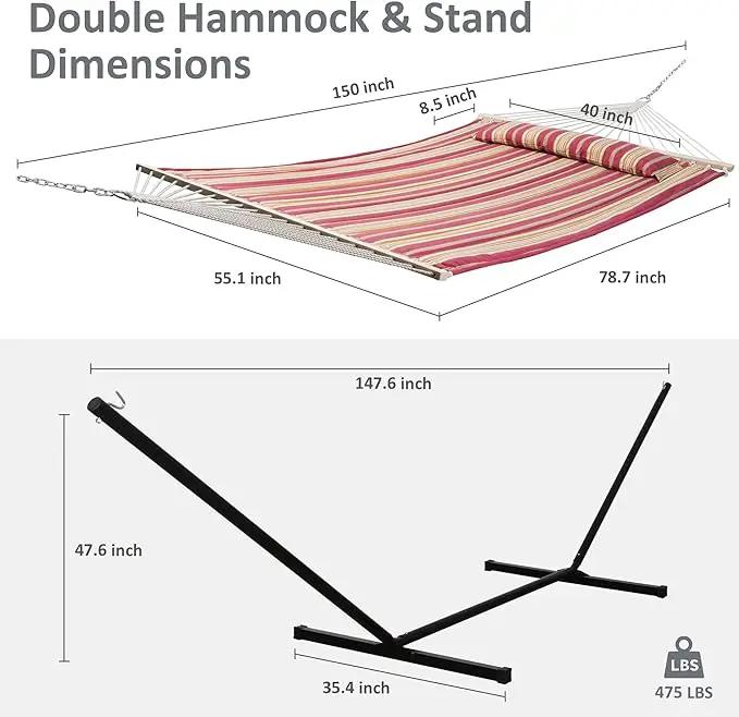 SUNCREAT Outdoor Hammock with Stand, Two Person Quilted Fabric Hammock Swing with 12ft Steel Stand, Red Stripes by GreenHaven Gardens