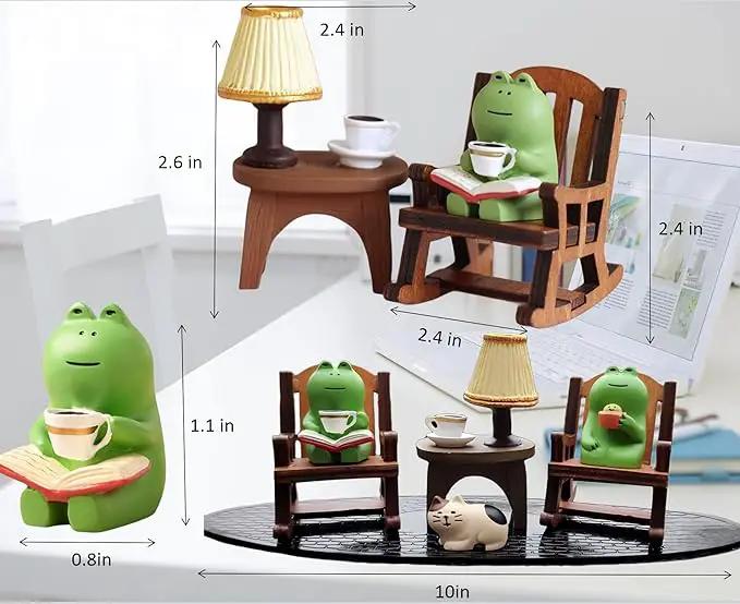 7 Pcs Cute Frog Rocking Chair Set with Miniature Frog Figurines, Mini cat, and Whimsical Trinkets - Versatile Decor for Office, Home, Yard, Patio, and Lawn by GreenHaven Gardens