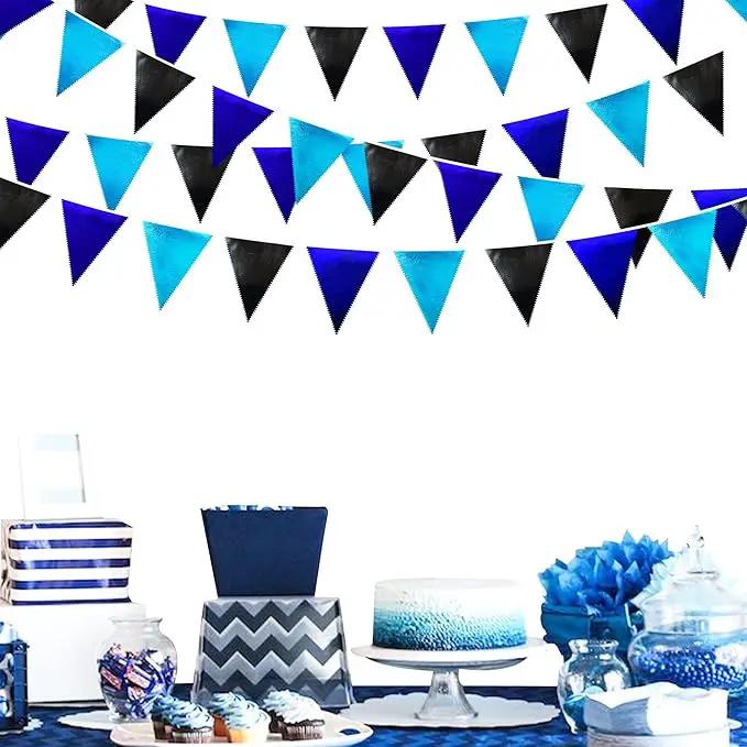 Black Blue Party Decorations Metallic Fabric Triangle Pennant Banner Flag Bunting Garland for Video Game Nautical Birthday Graduations Retirement Wedding Bachelorette Outdoor Holiday Party Supplies by GreenHaven Gardens