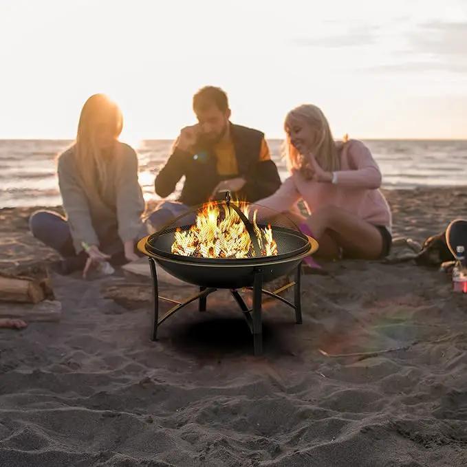 Fire Beauty Fire Pit for Outside Wood Burning,BBQ Grill Steel Fire Bowl with Cooking Grate,Spark Screen Cover,Log Grate,Poker for Camping Beach Bonfire Picnic Backyard Garden by GreenHaven Gardens