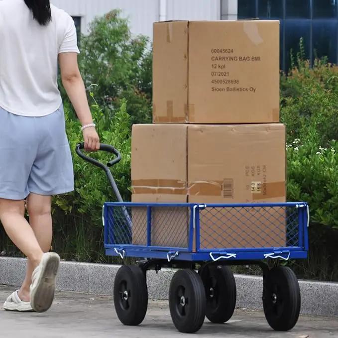 Heavy Duty 480 Lbs Capacity Mesh Steel Garden Cart Folding Utility Wagon with Removable Sides (Blue) by GreenHaven Gardens