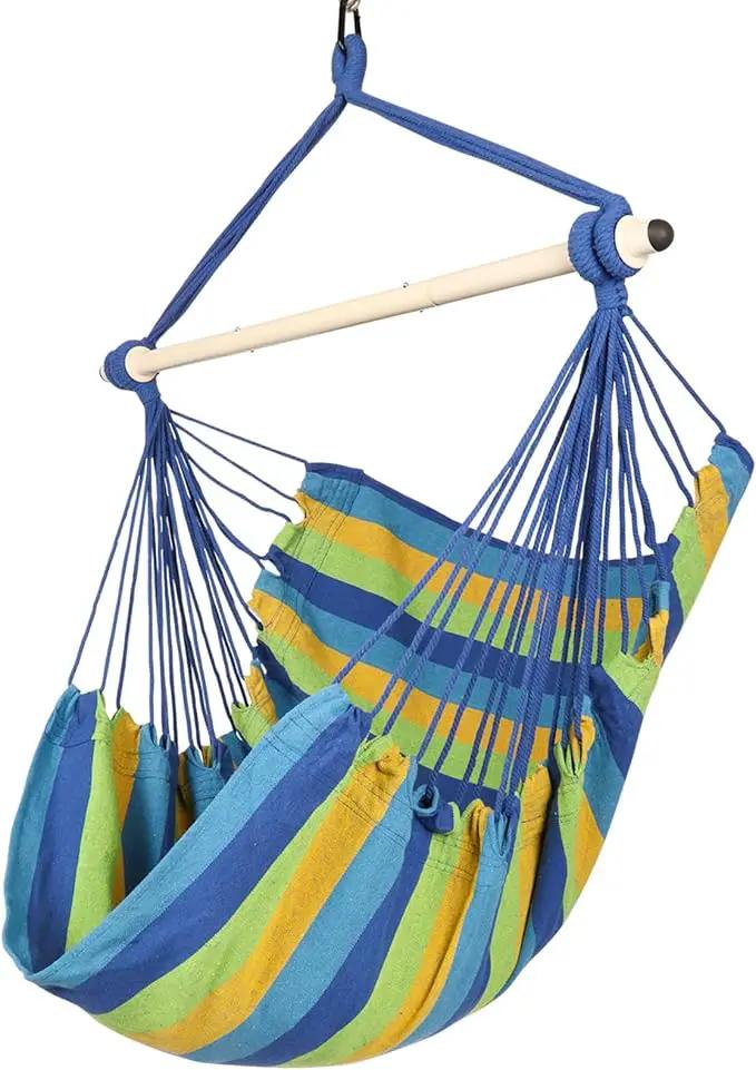 Highwild Hammock Chair Hanging Rope Swing - Max 500 Lbs - Steel Spreader Bar with Anti-Slip Rings - for Any Indoor or Outdoor Spaces (Blue Striped) by GreenHaven Gardens