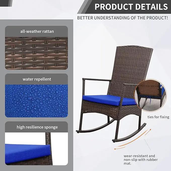 Outdoor Rocking Chairs Set - 3 High-Backed Patio Rockers with Bistro Table & Anti-Slip Cushions, Dark Blue by GreenHaven Gardens