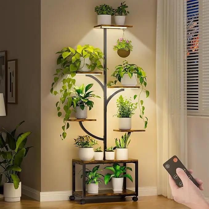 Plant Stand Indoor with Grow Lights, 60" Tall 7-Tier Metal Plant Stand with Wheels & Tree-Shaped Design for Indoor Plants, Flower Holder Display Rack for Home, Patio - Black by GreenHaven Gardens
