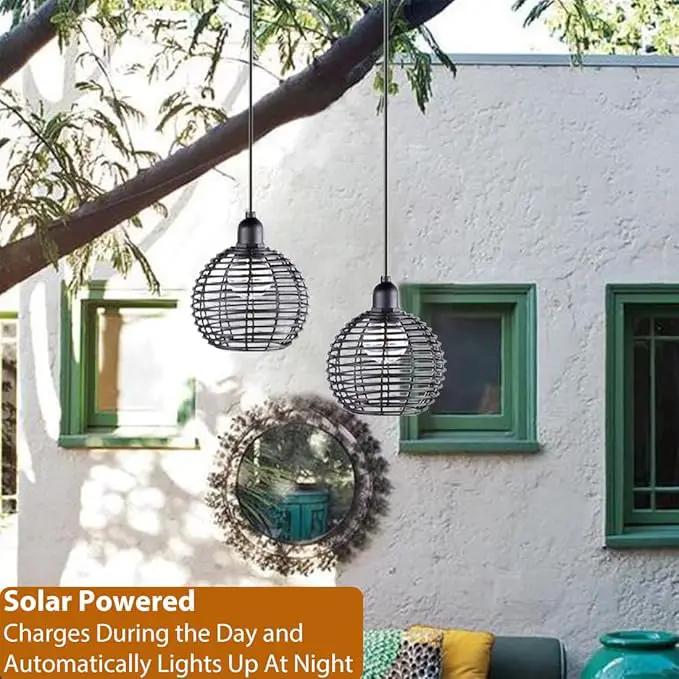Hanging Solar Lantern Lights Waterproof, Outdoor Chandelier with G50 Warm White LED Bulbs, Black Rattan Globe Shades, Solar Decorative Lights for Patio Tree Pergola Gazebo Porch Garden-2Pack by GreenHaven Gardens
