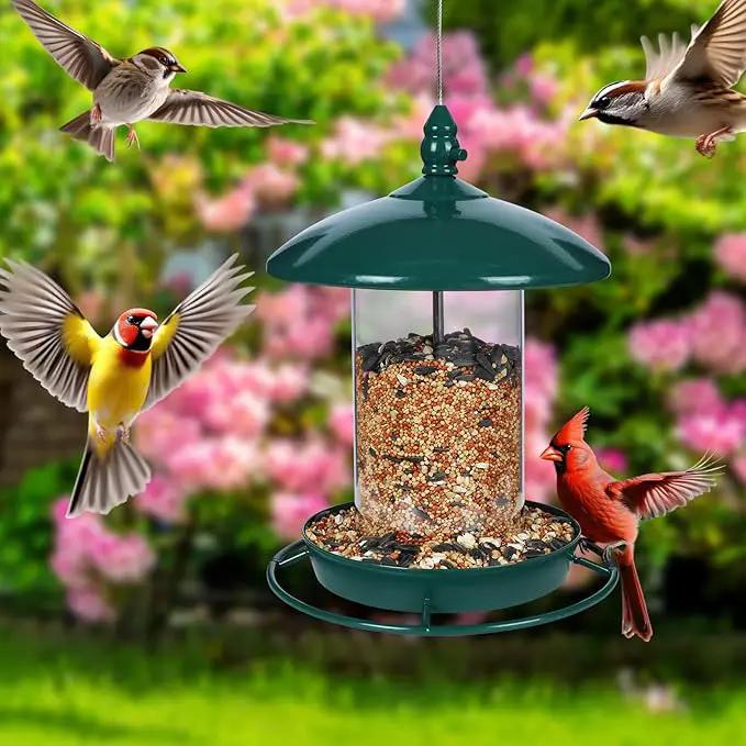 Metal Bird Feeder for Outside Hanging,Wild Bird Feeders for Cardinal, Large Roof and Tray - 6 Port by GreenHaven Gardens