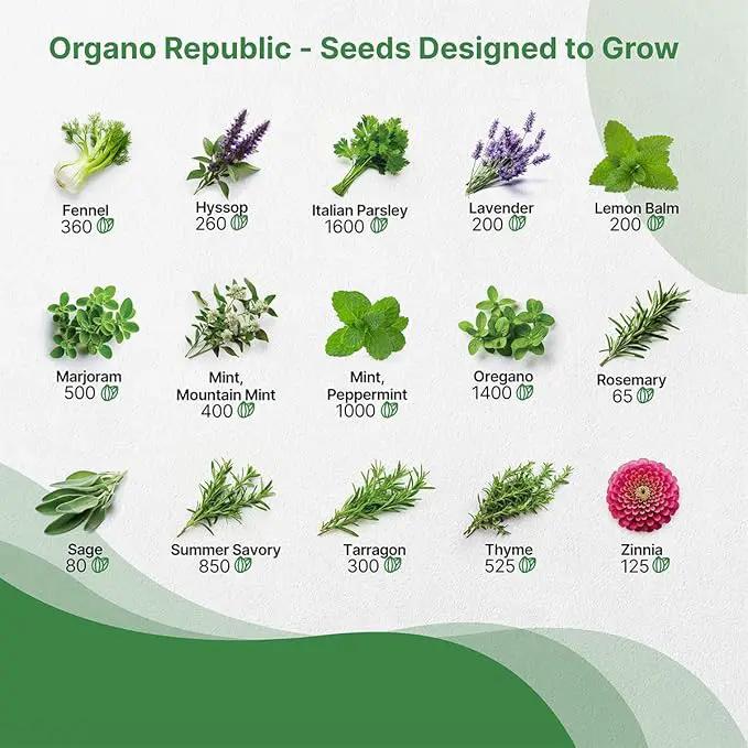 Organo Republic 30 Culinary Herbs & Edible Flower Seed Variety Pack- Indoor/Outdoor. 14000+ Non-GMO Heirloom Flower Seeds: Basil, Borage, Echinacea, Lavender, Oregano, Rosemary Seeds & More by GreenHaven Gardens