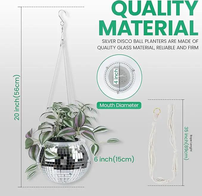 6" Disco Ball Planter – Rotating Mirror Planter with Macrame Hanger & Wooden Stand for Indoor and Outdoor Plants by GreenHaven Gardens