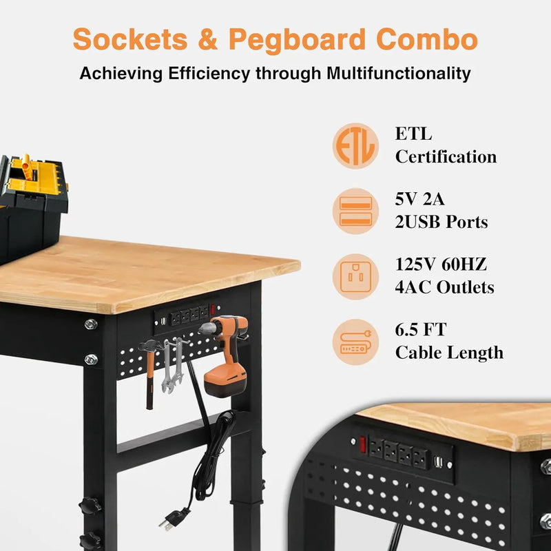 70" Adjustable Workbench on Wheels, 2000 LBS Heavy Duty Work Table with Power Outlets & Pegboard, Rubber Wood Workstation for Garage, Workshop, Office, Home, Commercial by GreenHaven Gardens