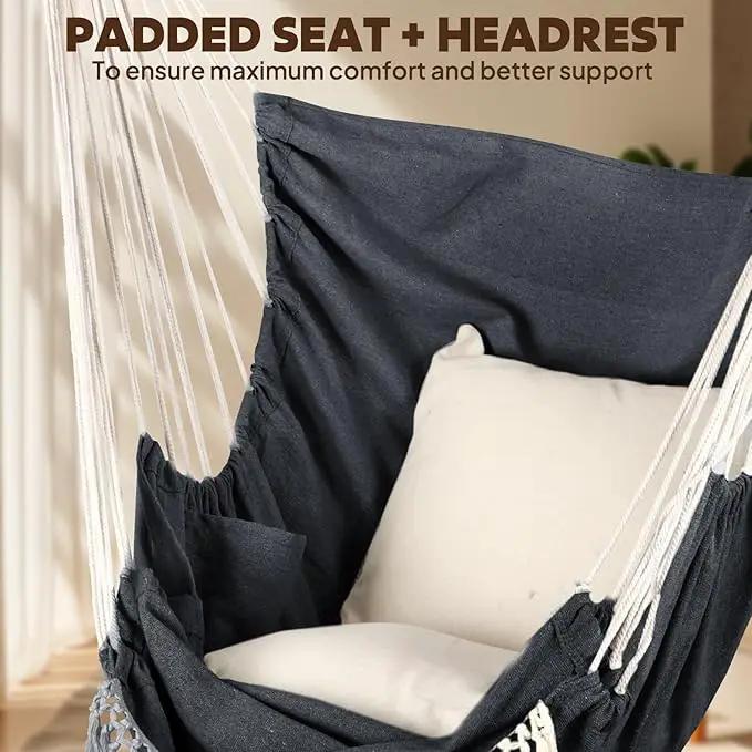 Chihee Hammock Chair Hanging Chair with Foot Rest 2 Cushions Max 500lbs Robust Metal Spreader Bar Collapsible Easy Storage Soft Cotton Swing Chair Strong Strap Iron Carabiner Side Pocket Included by GreenHaven Gardens