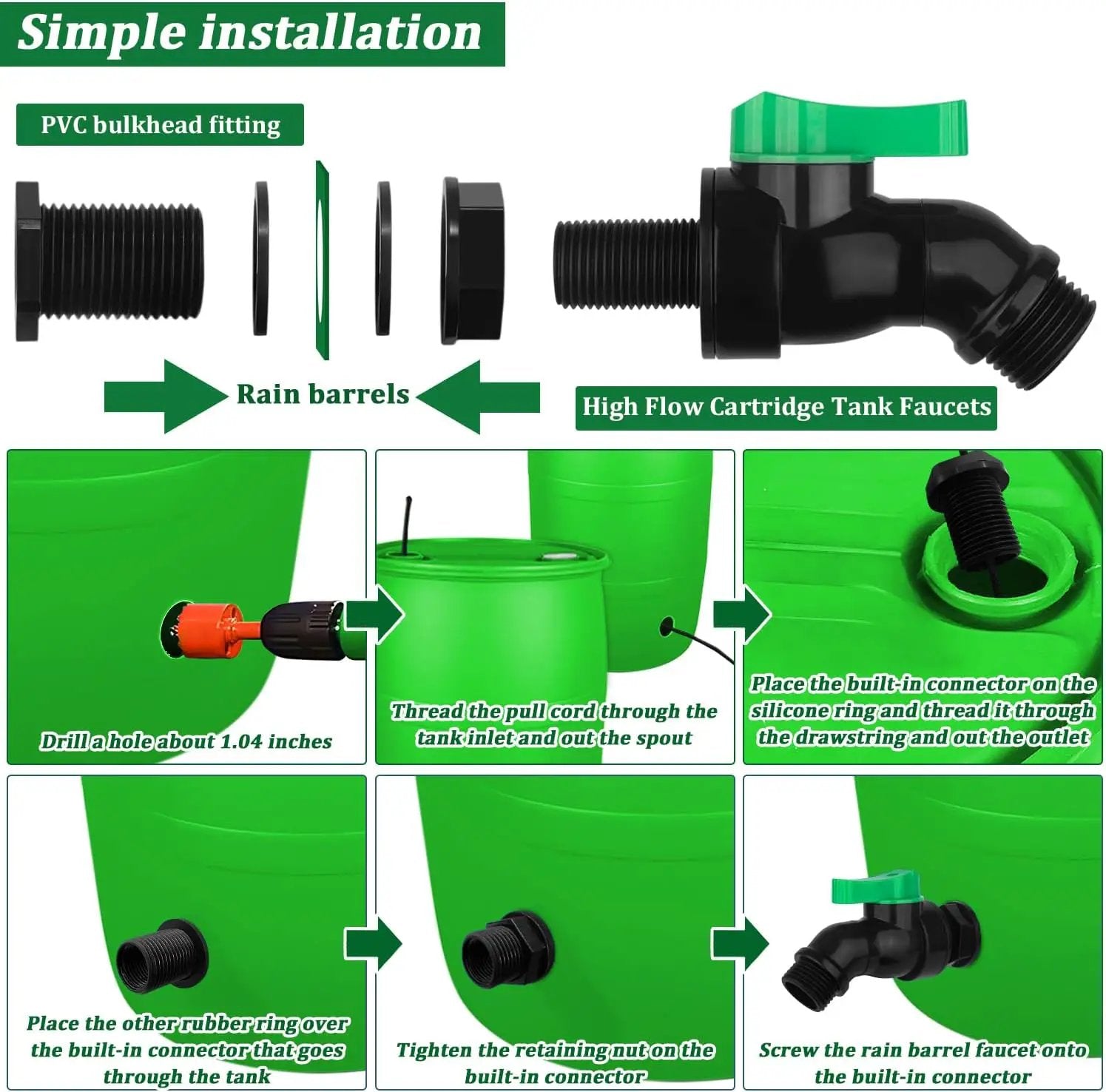 Plastics Rain Barrel Spigot Kit High Flow Valve Core Water Tank Faucet+PVC Bulkhead Fitting 1/2" NPT to 3/4" GHT Rain Barrel Spigot for Plastic Bucket Rainwater Drum Container Downspout Collector in by GreenHaven Gardens