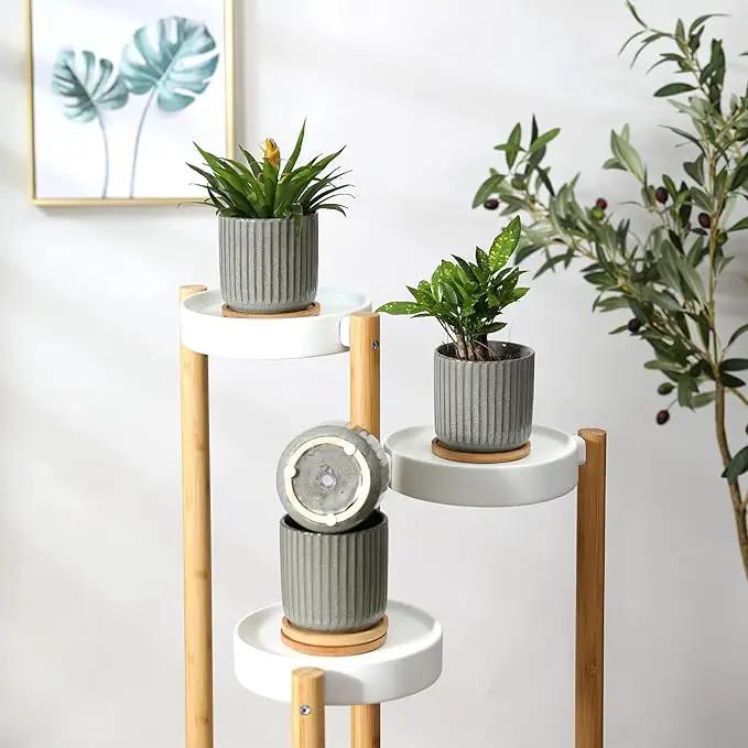 OMAYKEY 4 Inch Ceramic Plant Pot with Saucer, Creative Stripe Grey-Green Small Planters Pots with Drainage Hole and Mesh Pads for Succulent, Cactus, Herbs - Set of 4
