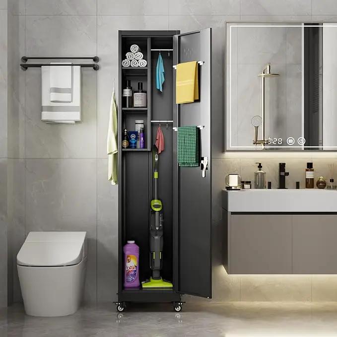 72''H Metal Broom Closet Storage Cabinet with Wheels & Pegboards, Mops Broom Closet Organizer with Locking Door & Hanging Rod,Cleaning Tool Garage Storage Cabinet,Assembly Required,Black by GreenHaven Gardens