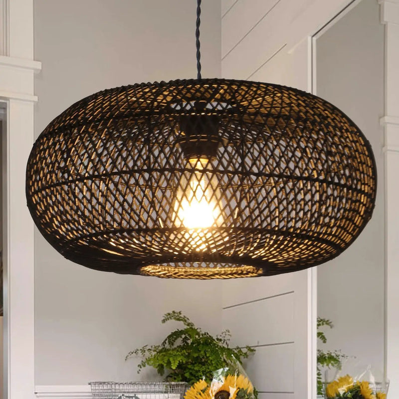 Rattan Pendant Light 15.75" 1-Light Hand-Woven Bamboo Rattan Hanging Lamp Large Globe Wicker Chandelier Modern Bohemian Adjustable Pendant Lamp for Kitchen Island Farmhouse Outdoor Porch Black.… by GreenHaven Gardens