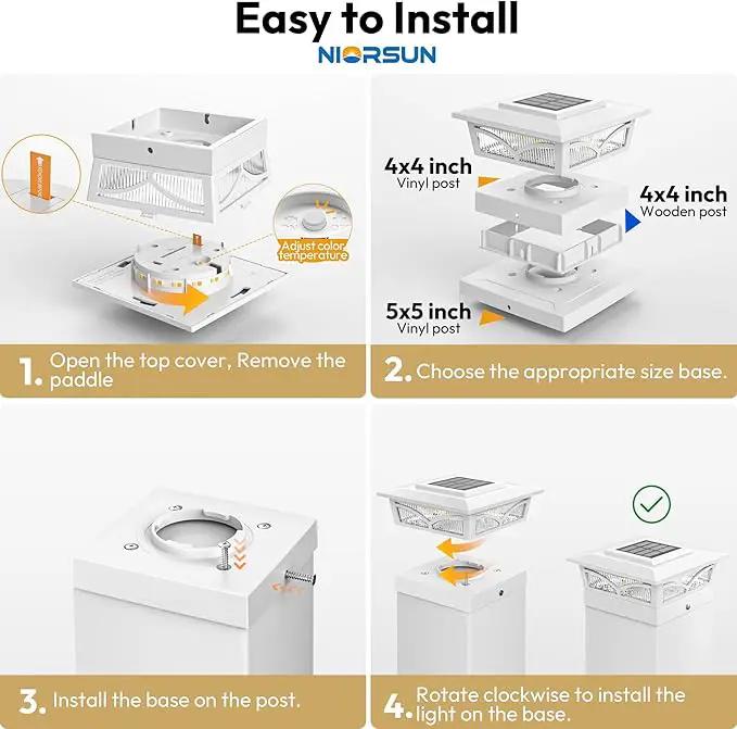 NIORSUN Solar Post Cap Lights Outdoor, 2 Modes LED, Deck Fence Post Solar Lights for 3.5x3.5 4x4 5x5 Caps Patio Garden Decoration, Warm White/Cool White Lighting White 4 Pack by GreenHaven Gardens