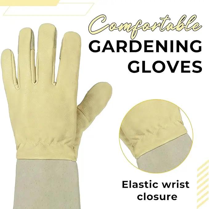 HANDLANDY Rose Pruning Gardening Gloves for Men Women, Thorn Proof Forearm Protection Leather Garden Gloves, Gardening Gifts for Gardeners (Beige- Goatskin, X-Large (Pack of 1)) by GreenHaven Gardens