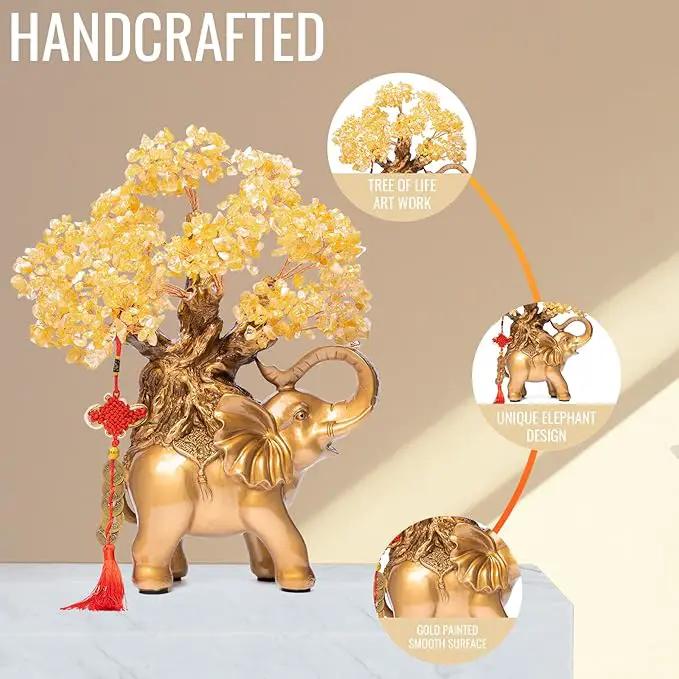 Citrine Crystal Money Tree on Gold Elephant Statue, 17”Large Gemstone Bonsai Tree of Life Home Décor Gifts for Wealth Positive Energy, Feng Shui Décor by GreenHaven Gardens