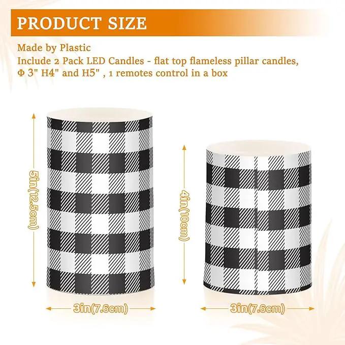 Flickering Flameless Candles, Black White Buffalo Plaid LED Candles with Remote Timer, Set of 2 Battery Operated Candle for Valentine Wedding Birthday by GreenHaven Gardens
