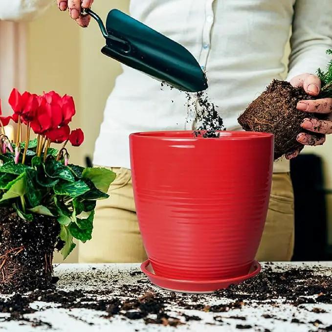 Ceramic Planter 10 Inch - Ceramic Pot for Plants Large Plant Pot Indoor with Drainage Hole and Saucer Round Outdoor Planter Modern Flower Pot for Garden House Red by GreenHaven Gardens