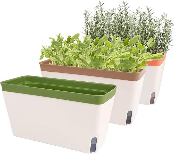 OurWarm Windowsill Herb Planter Box Indoor Set of 3, 10.5 Inch Self Watering Planter Pots with Visual Water Level Window, Modern Plastic Plant Pots for Herbs, Vegetables, Succulents Plants by GreenHaven Gardens