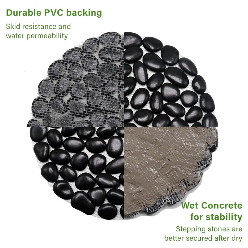 10in River Rock Stepping Stones Set - 6 Pack | Polished Pebble | Long-Lasting PVC Mesh Backing | Perfect for Garden Paths and Lawns Outdoor Landscaping Decoration | Black Circle by GreenHaven Gardens
