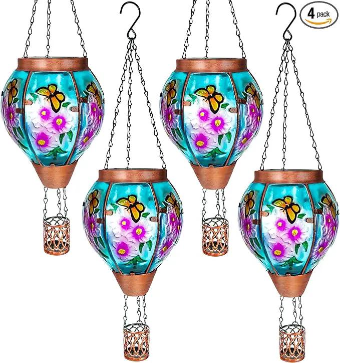 4 Pack Solar Hot Air Balloon Lantern with Flame， Butterfly Glass Outdoor Solar Lanterns for Outside Hanging Farmhouse Patio Pathway Decor, Butterfly Gifts for Women Grandma Mom - Butterfly by GreenHaven Gardens