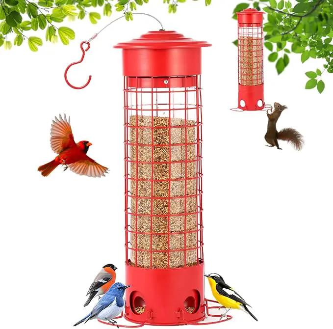 Squirrel Proof Bird Feeder for Outdoors, Weatherproof Metal Feeder, 4.5 lb Large Capacity, Weight-Activated Perches, Hanging Feeder for Cardinals, Finches, Wild Birds, Red by GreenHaven Gardens