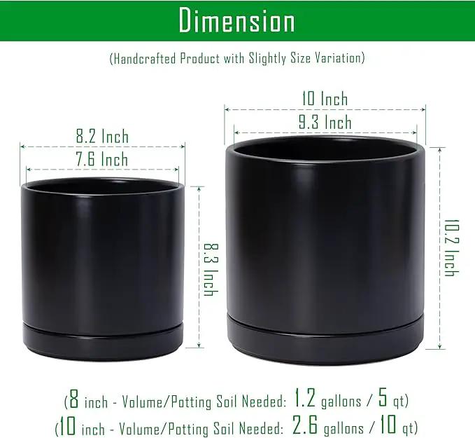 D'vine Dev 8 Inch & 10 Inch Ceramic Planter Pot for Plants with Drainage Hole and Saucer, Large Plant Pots Set, Black, 94-G-L-2 by GreenHaven Gardens