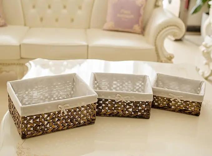 Rectangular Woven Seagrass Storage Bins with Handle,Kingwillow. (water hyacinth, Set of 3) by GreenHaven Gardens
