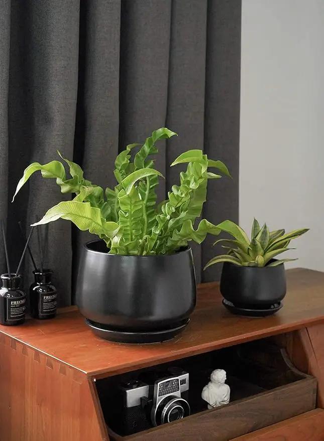 LE TAUCI Plant Pots, 4.1+5.1+6.5 inch, Set of 3, Ceramic Planters with Drainage Hole and Saucer, Indoor Flower Pot with Hole Mesh Pad, Gifts for Mom, Black by GreenHaven Gardens