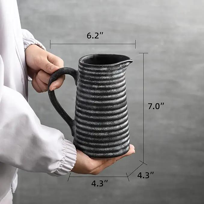 Quoowiit Ceramic Rustic Vase with Handle, Black Distressed Decorative Farmhouse Pitcher Vase for Home Decor Living Room Bedroom Kitchen Office Shelf Decor Centerpiece Table Decoration by GreenHaven Gardens