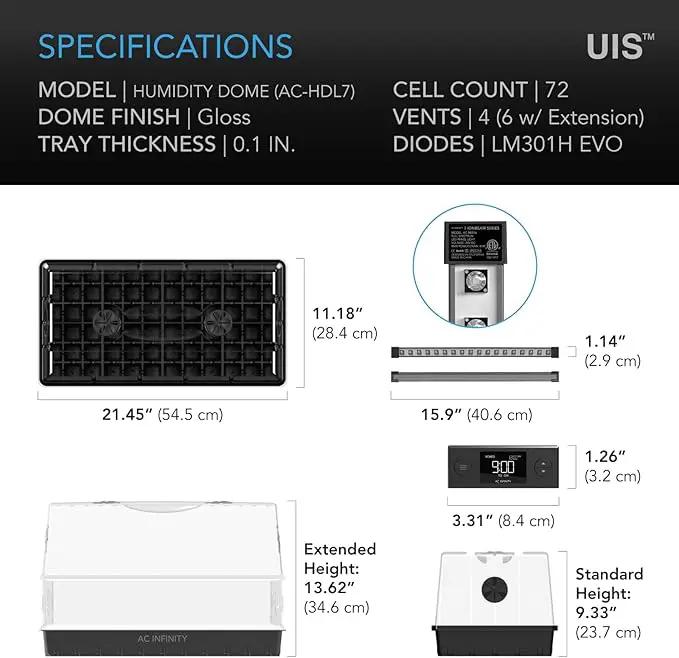 AC Infinity Heavy Duty 3mm Thick Humidity Dome with Height Extension, Germination Kit with LED Grow Light Bars, Sturdy Drip Tray, 6x12 Cell Tray for Indoor Gardening, Seed Starting, Cloning Plants by GreenHaven Gardens