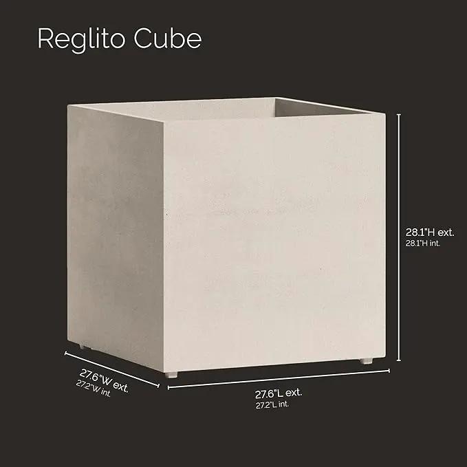 Reglito Cube Planter – Fiberglass Indoor/Outdoor and Weather-Resistant Large Planter (Sand Stone, 27.6" L x 27.6" W x 28.1" H) by GreenHaven Gardens
