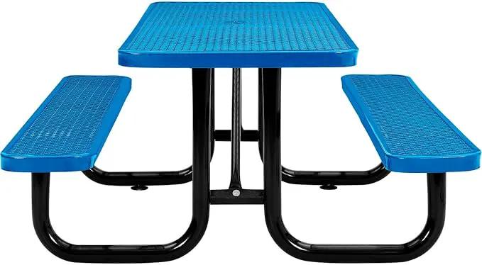 Global Industrial 6’L Rectangular Picnic Table, Expanded Metal, Blue Thermoplastic Coating, Attached Benches, 1-1/2” Umbrella Pole Hole, Outdoor-Rated, 1000 lb Capacity, 72” x 30” Tabletop by GreenHaven Gardens