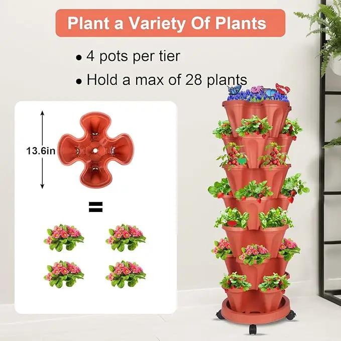 Vertical Planter, 7 Tier Stackable Strawberry Planter with Garden Tool Set, Movable Indoor/Outdoor Garden Herb Pot for Growing Vegetables and Succulents, Red by GreenHaven Gardens
