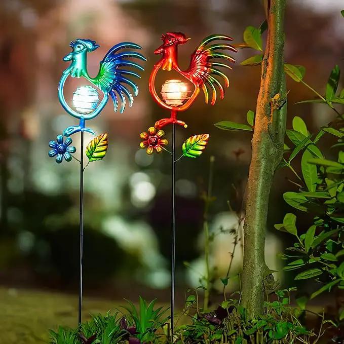Rooster Solar Garden Lights, 2 Pack Metal Solar Stake Light, 27" H Outdoor Chicken Statues Figurine Lights for Spring Garden Lawn Patio Yard Decoration by GreenHaven Gardens