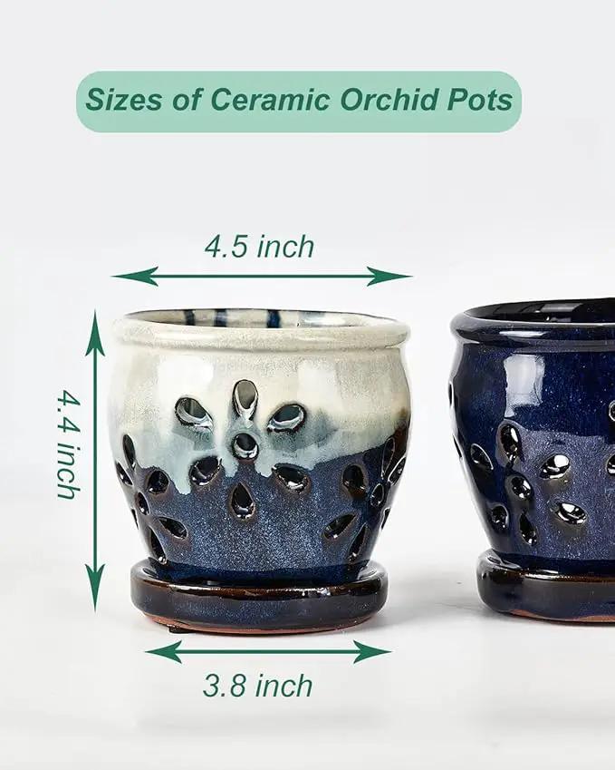 vensovo 4 Inch Ceramic Orchid Pots with Holes and Saucers - 2 Pcs Small Succulent Pot for Repotting, Garden Flowerpots for Plants Indoor and Outdoor Promotes Air Circulation (Blue, Blue Mixed) by GreenHaven Gardens