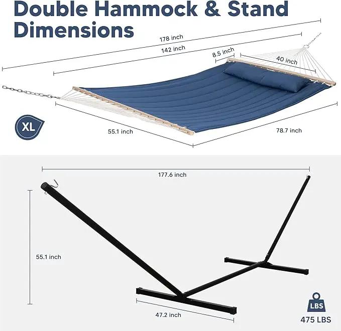 SUNCREAT 2 Person Free Standing Hammock with 15 ft Stand, 475 lbs Capacity, Backyard Hammock with Stand, Navy by GreenHaven Gardens