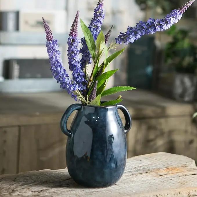 Blue Ceramic Vase with 2 Handles, Modern Farmhouse Decor, Rustic Terracotta Pottery, Decorative Flower Vases, Clay Small Vase, Centerpiece for Dining Table - 7 Inch Tall by GreenHaven Gardens