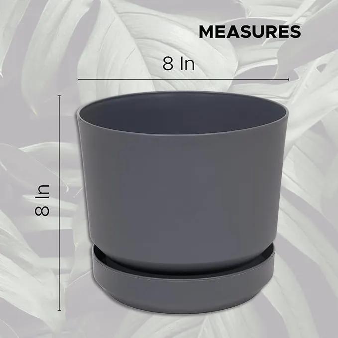 Elly Décor 8 inch Plastic Cylinder Planter Pot with Self-Watering Saucer and Drainage Hole,Lightweight & Extremely Durable, 8"x 8", Gray by GreenHaven Gardens