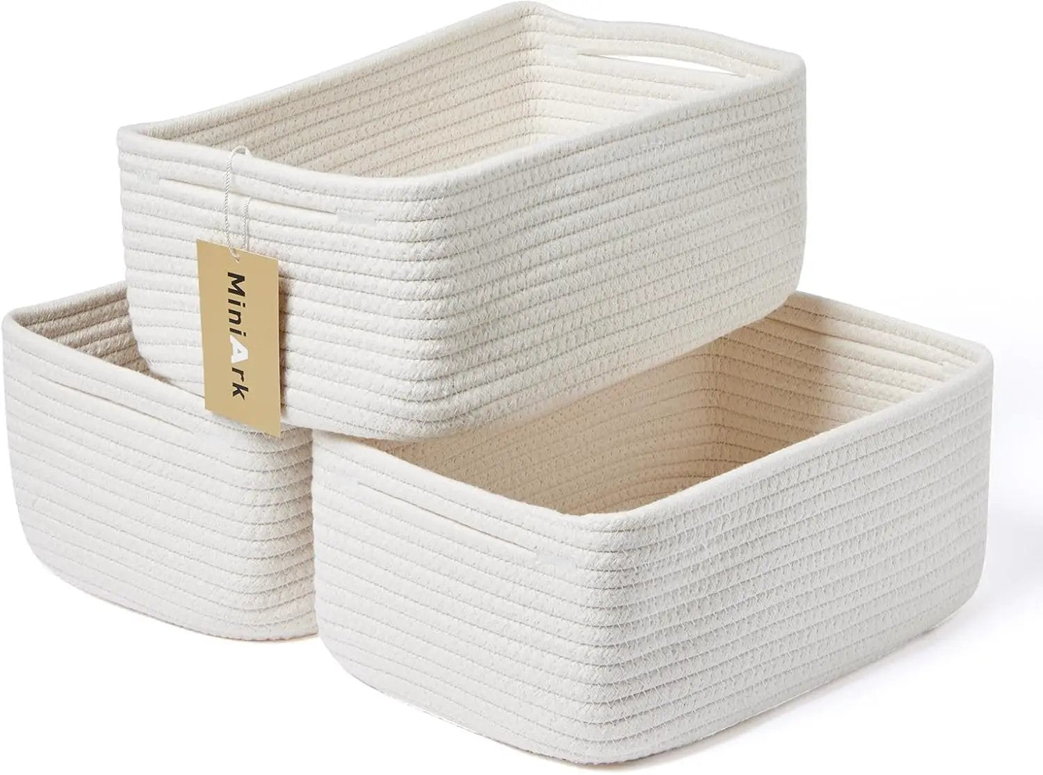 Small Storage Baskets for Organizing | Closet Organizer Bins | Shelf Toy Basket | Woven Rope Baskets | Cube Decorative Box | Shallow Basket | 13x8.5x5.1” | 3 Packs Off White by GreenHaven Gardens