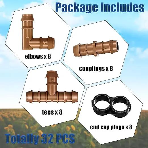 Irrigation Fittings Kit for 1/2 Inch Tubing Include 8 Tees, 8 Couplings, 8 Elbows and 8 End Cap Plugs Drip Irrigation Barbed Connectors, Drip Line Connectors Set by GreenHaven Gardens