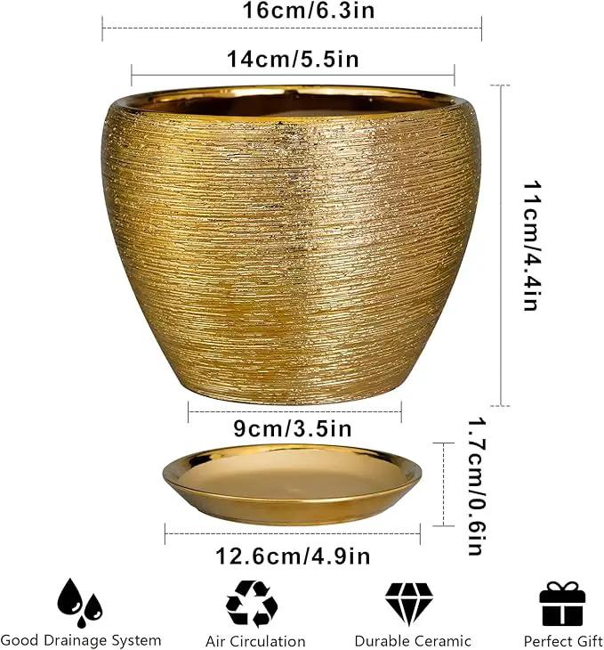 Indoor Plant Pot 6 Inch - Ceramic Pot for Plants Outdoor Planter with Drainage Hole and Saucer Round Decorative Planter Modern Flower Pot for Home Decor Gold by GreenHaven Gardens