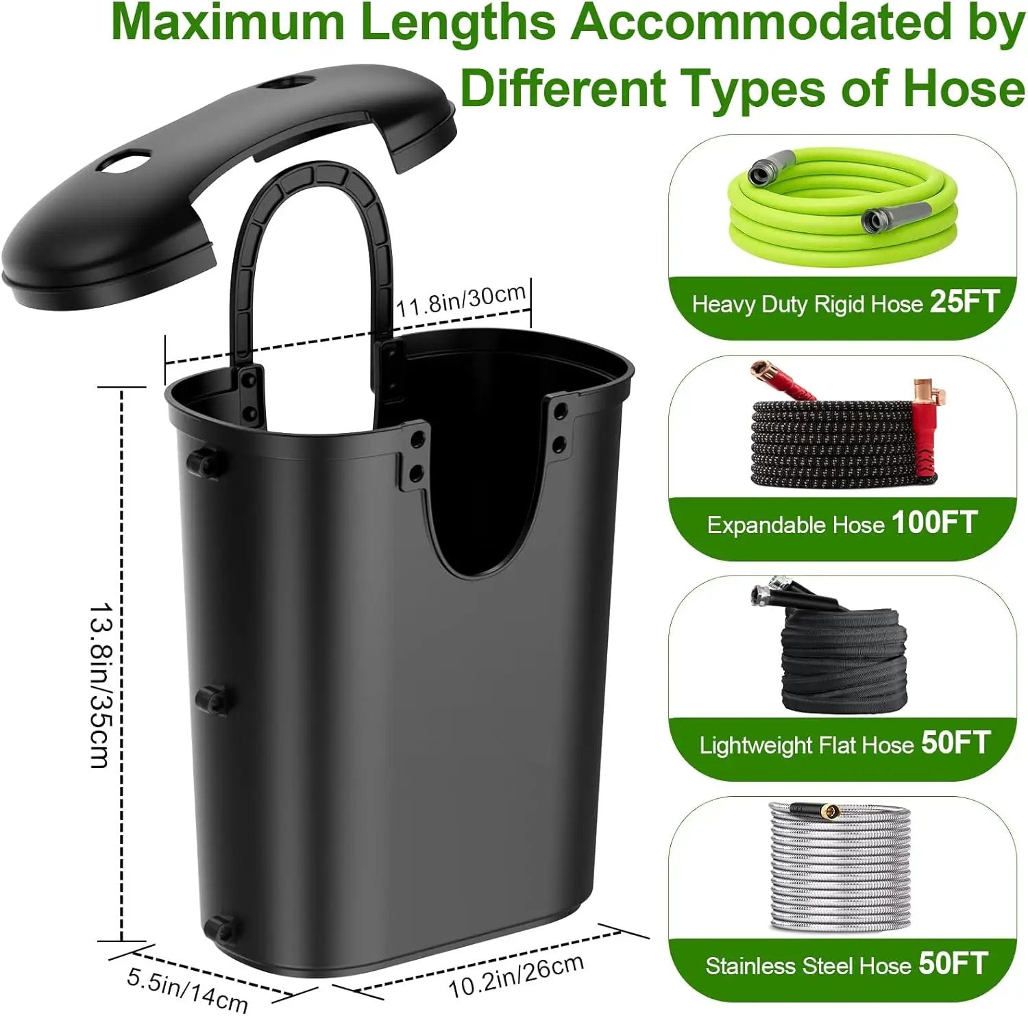 Riokko Garden Hose Holder Bucket, Hose Storage, Water Hose Storage for Outside, Hose Box Fits 25FT Heavy Duty/100FT Expandable/50FT Flat/50FT Stainless Steel Hoses, Hanging Handle & Drain Hole Design by GreenHaven Gardens