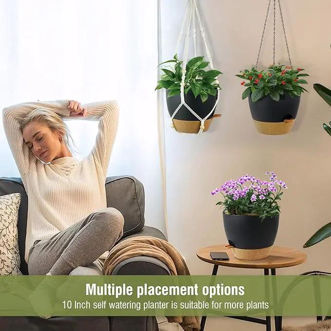 Self Watering Hanging Planters 10 inch, 2 Pack Hanging Flower Pots for Indoor Outdoor Plants, Hanging Baskets with Drainage Holes & 2 Kinds of Plant Hangers for Garden Home Decor, Black Brown by GreenHaven Gardens