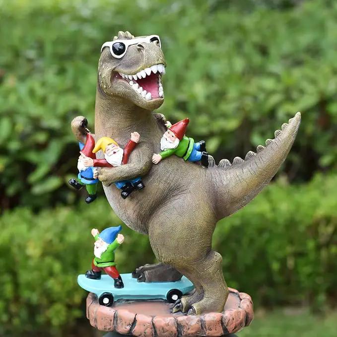 Garden Statue Outdoor Decoration, Cool Dinosaur Play Skateboard with Gnomes Figurines, Indoor Outdoor Decor Art for Patio Lawn Yard, Housewarming Garden Gift… by GreenHaven Gardens